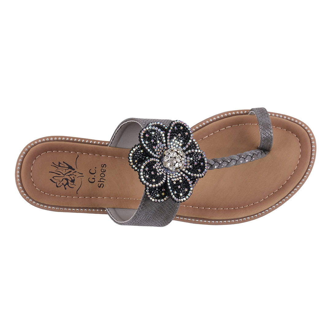 Women's Black Embellished Flower Toe Ring Flat Sandals