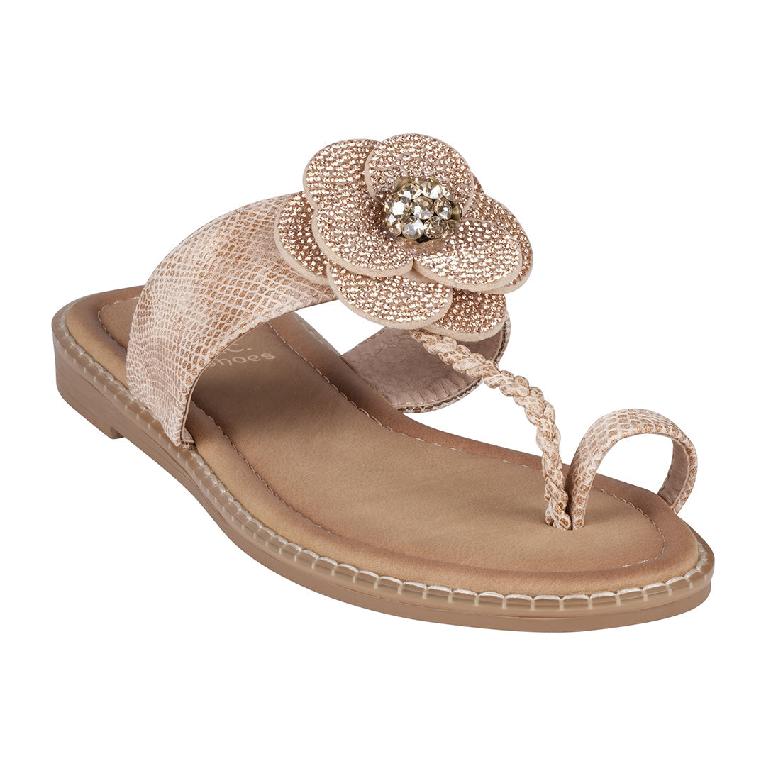Women's rose gold flat sandals featuring an embellished flower detail and toe ring design.