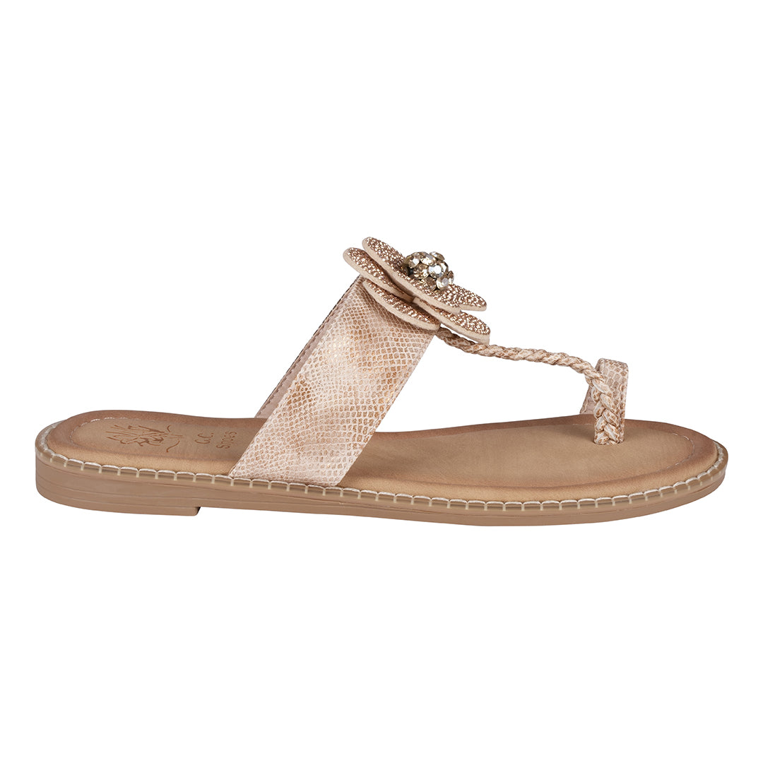 Women's Rose Gold Embellished Flower Toe Ring Flat Sandals