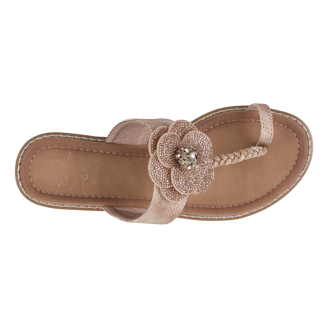 Women's Rose Gold Embellished Flower Toe Ring Flat Sandals