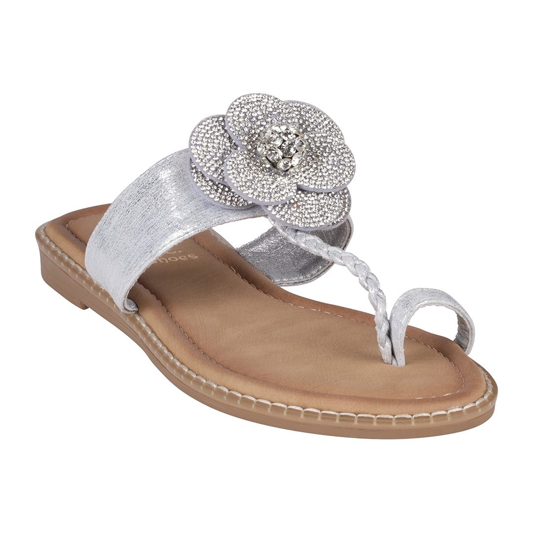 Pair of women's silver flat sandals featuring a flower embellishment and toe ring design.