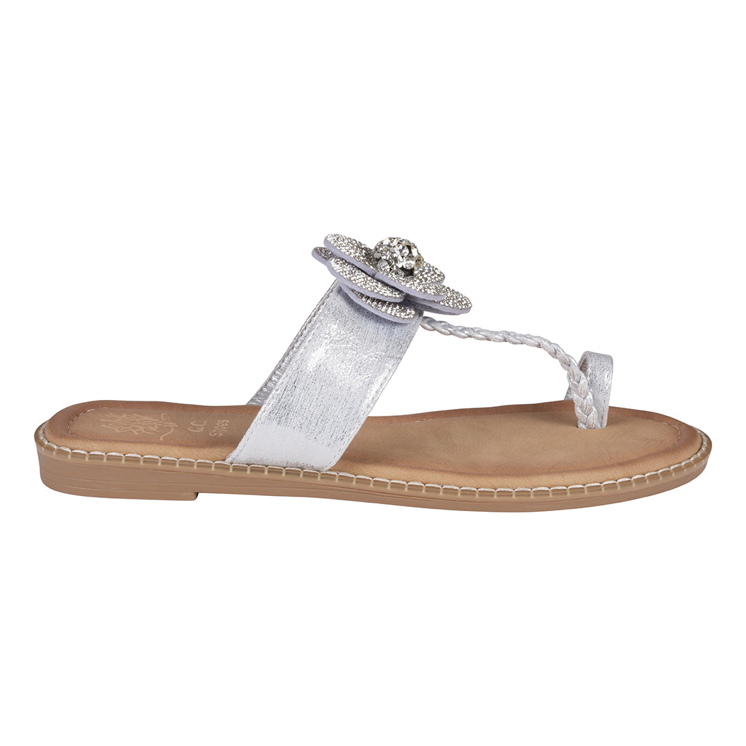 Women's Silver Embellished Flower Toe Ring Flat Sandals