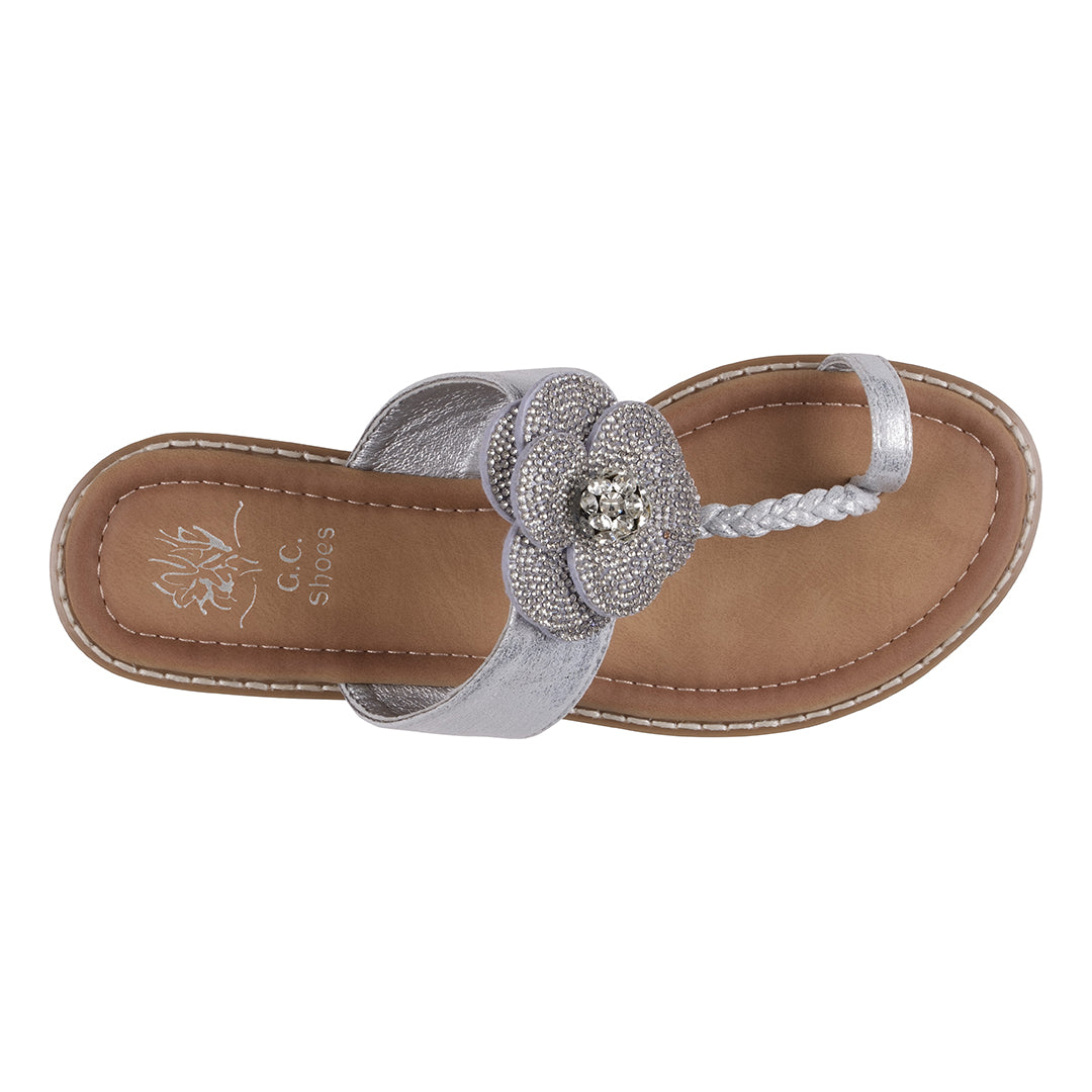 Women's Silver Embellished Flower Toe Ring Flat Sandals