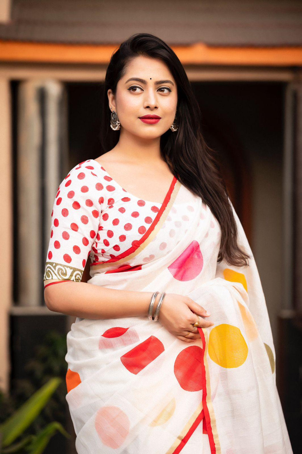 White Kota Silk Printed Saree with Hand Block Polka Dots