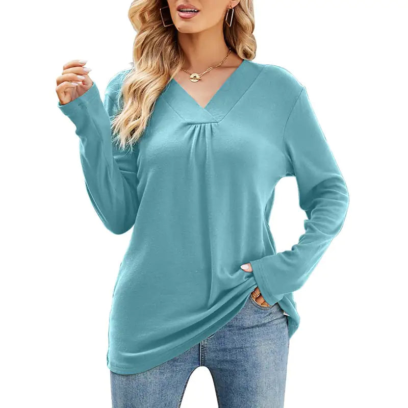Women's Loose Fit V Neck Long Sleeve T-Shirt in Olive and Blue - Image 6
