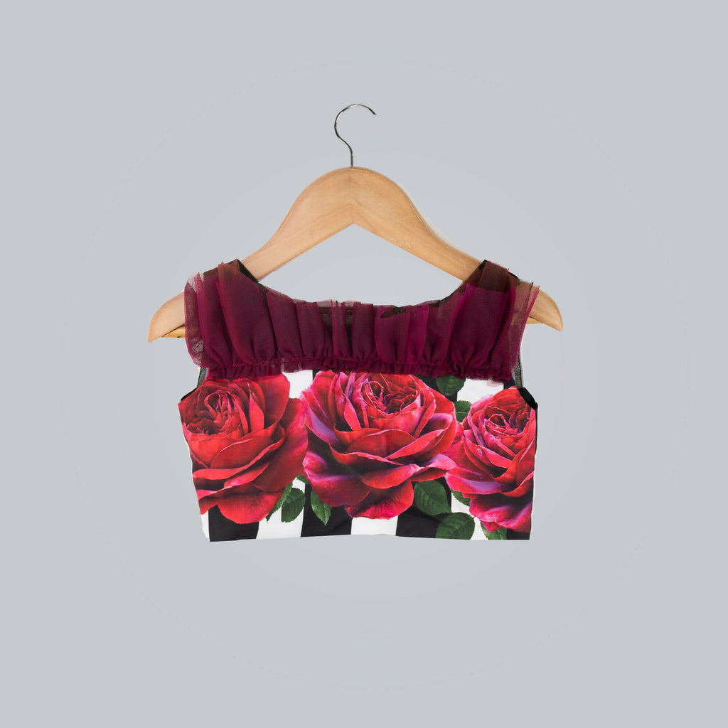 Girls Printed Ghagra Choli with Frill Dupatta in Black and Wine