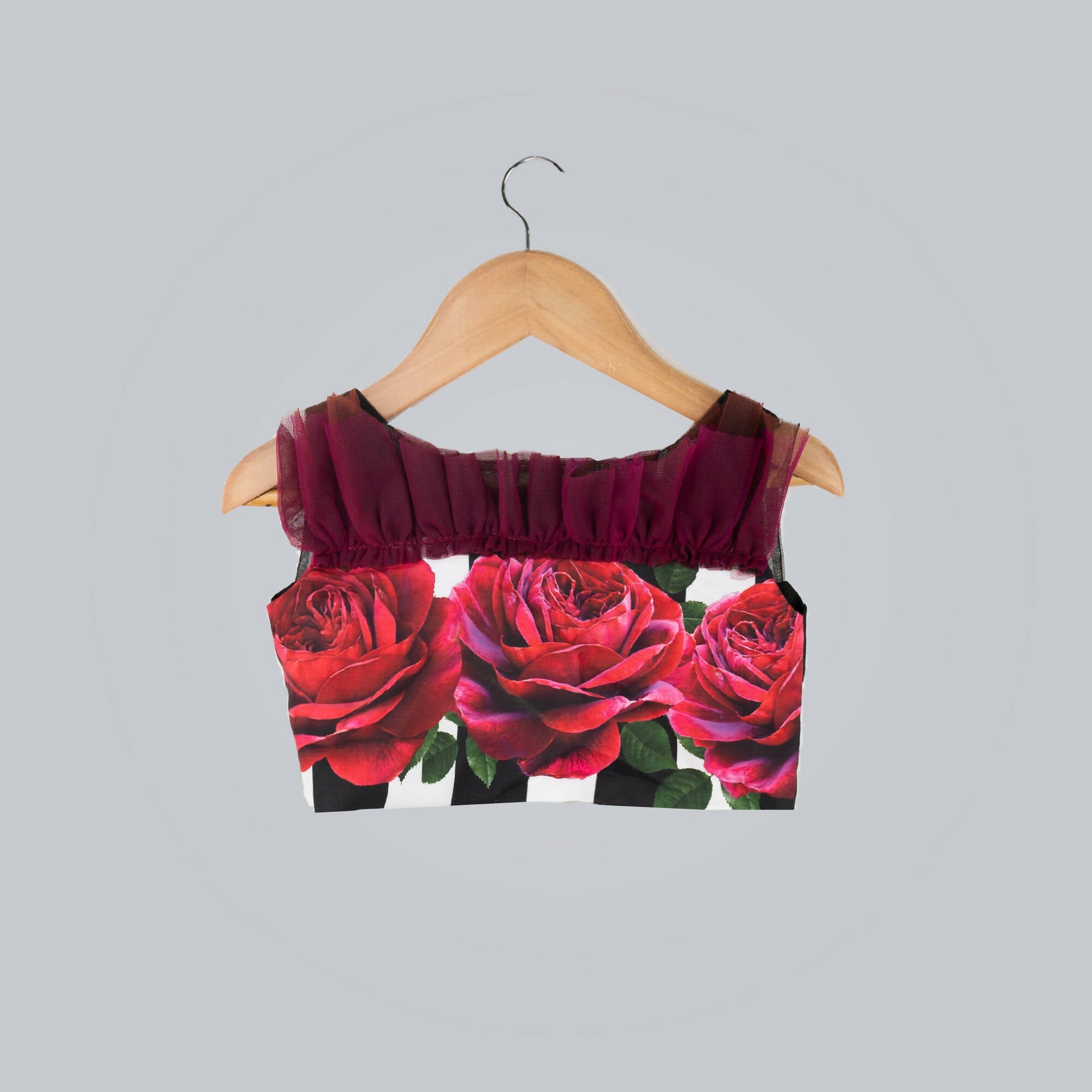 Girls Printed Ghagra Choli with Frill Dupatta in Black and Wine