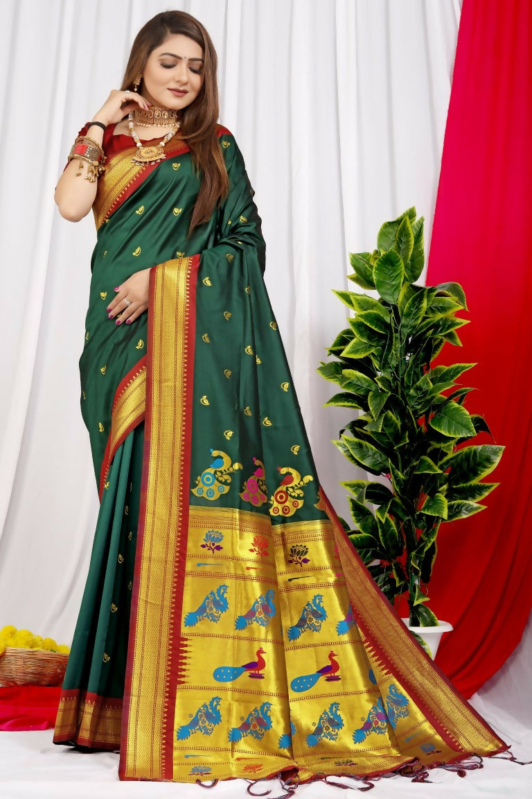 Bottle green Paithani silk saree with Zari weaving and maroon blouse piece