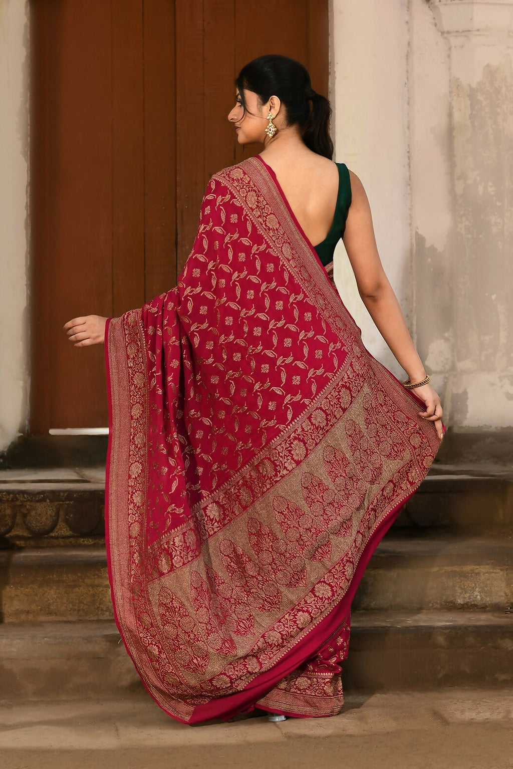 Hot Pink Crepe Chiffon Banarasi Handloom Silk Saree