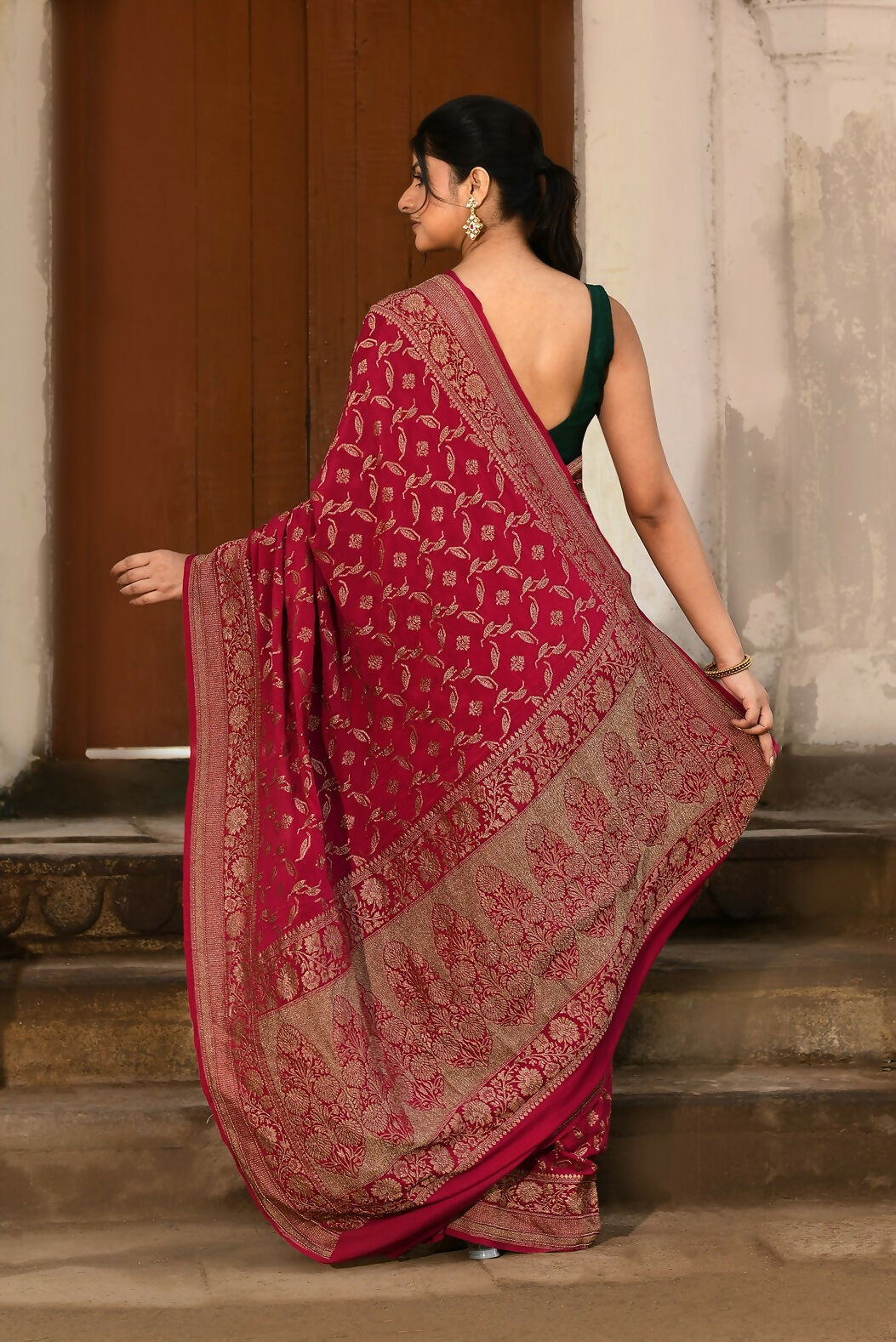 Hot Pink Crepe Chiffon Banarasi Handloom Silk Saree