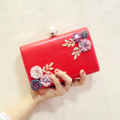 Women's Leather Evening Bag - Floral Clutch Purse