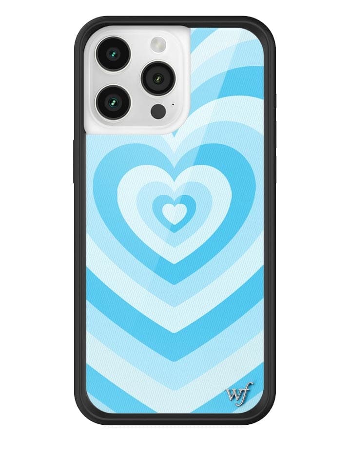 Blue Moon Latte Love iPhone case featuring a blue heart pattern and black protective rubber bumper