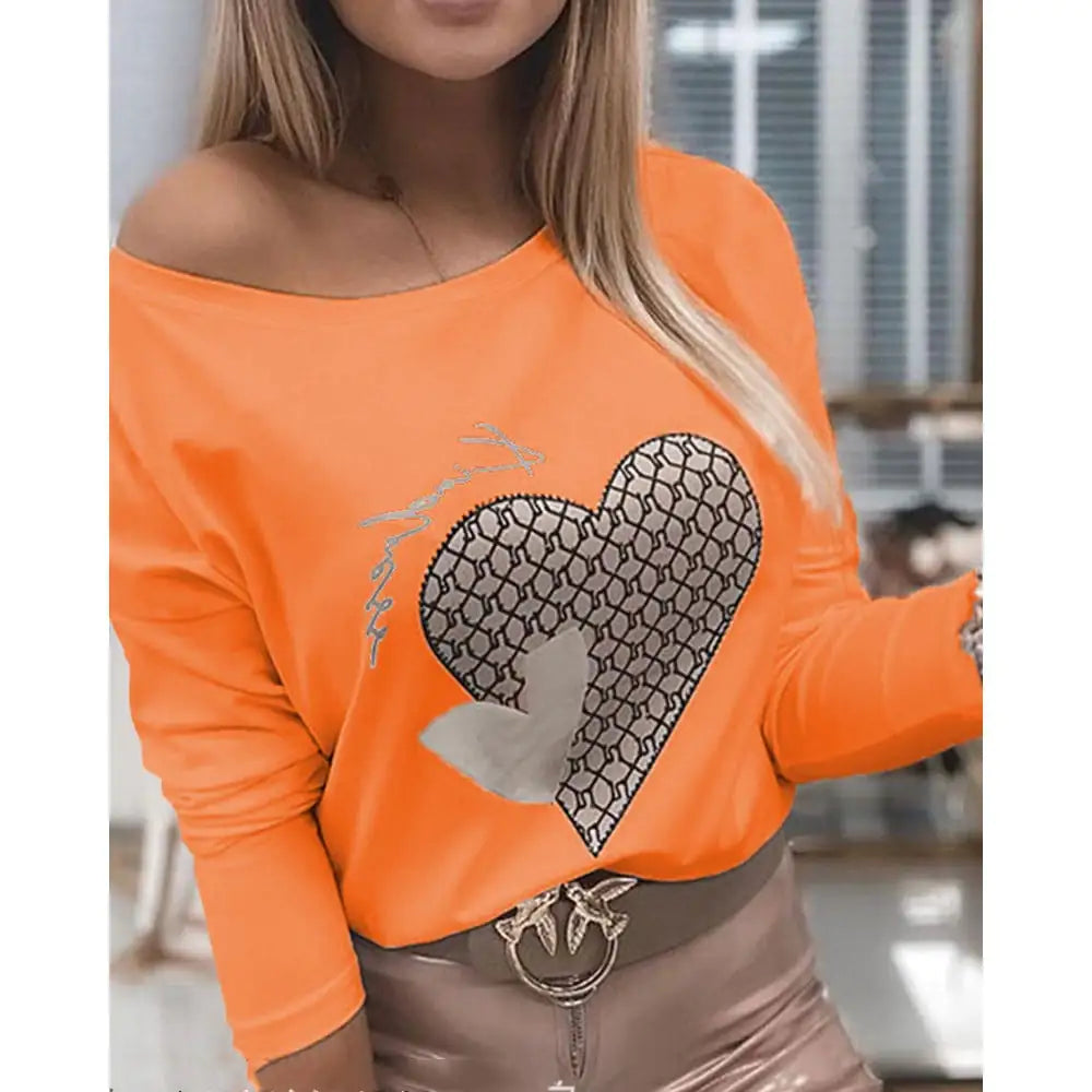 Women's Off-the-Shoulder Long Sleeve Heart Graphic Blouse - Image 2
