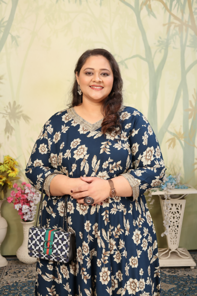 Women's Navy Blue Rayon Floral Print Anarkali Set with Sequins