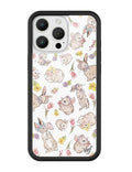 iPhone case with a pattern of bunnies in bonnets and pastel flowers on a white background with a black border.