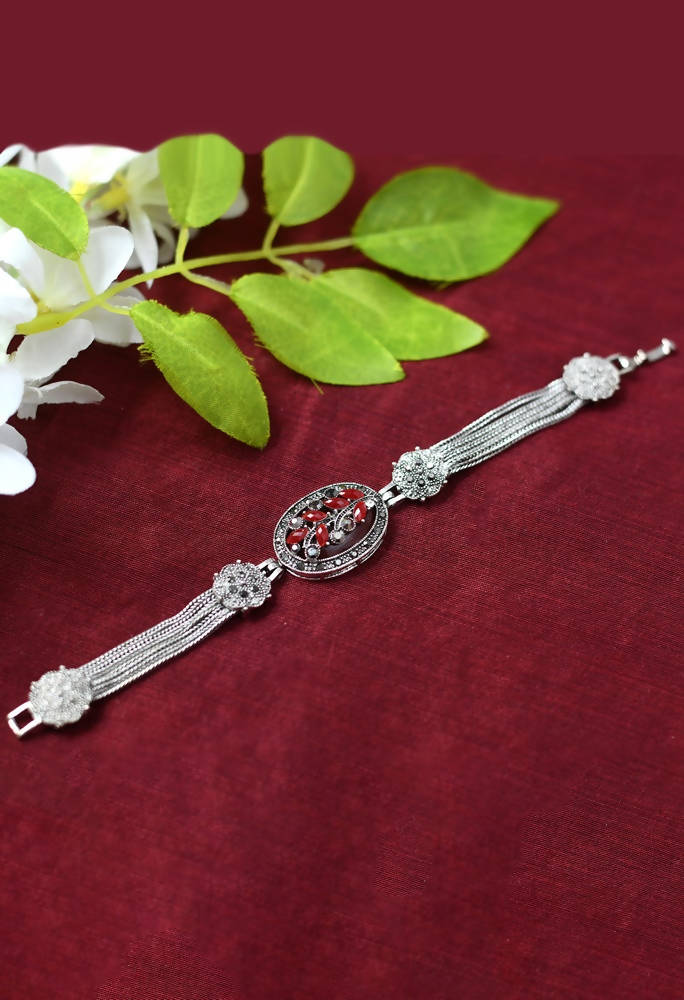 Handcrafted Oxidised Silver Ethnic Bracelet with Red & Black Accents