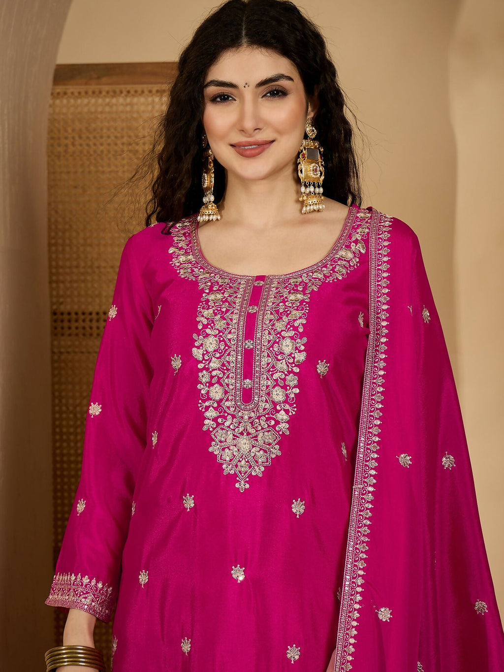 Pink Chinon Silk Kurta Set with Embroidery - Ethnic Festive Wear