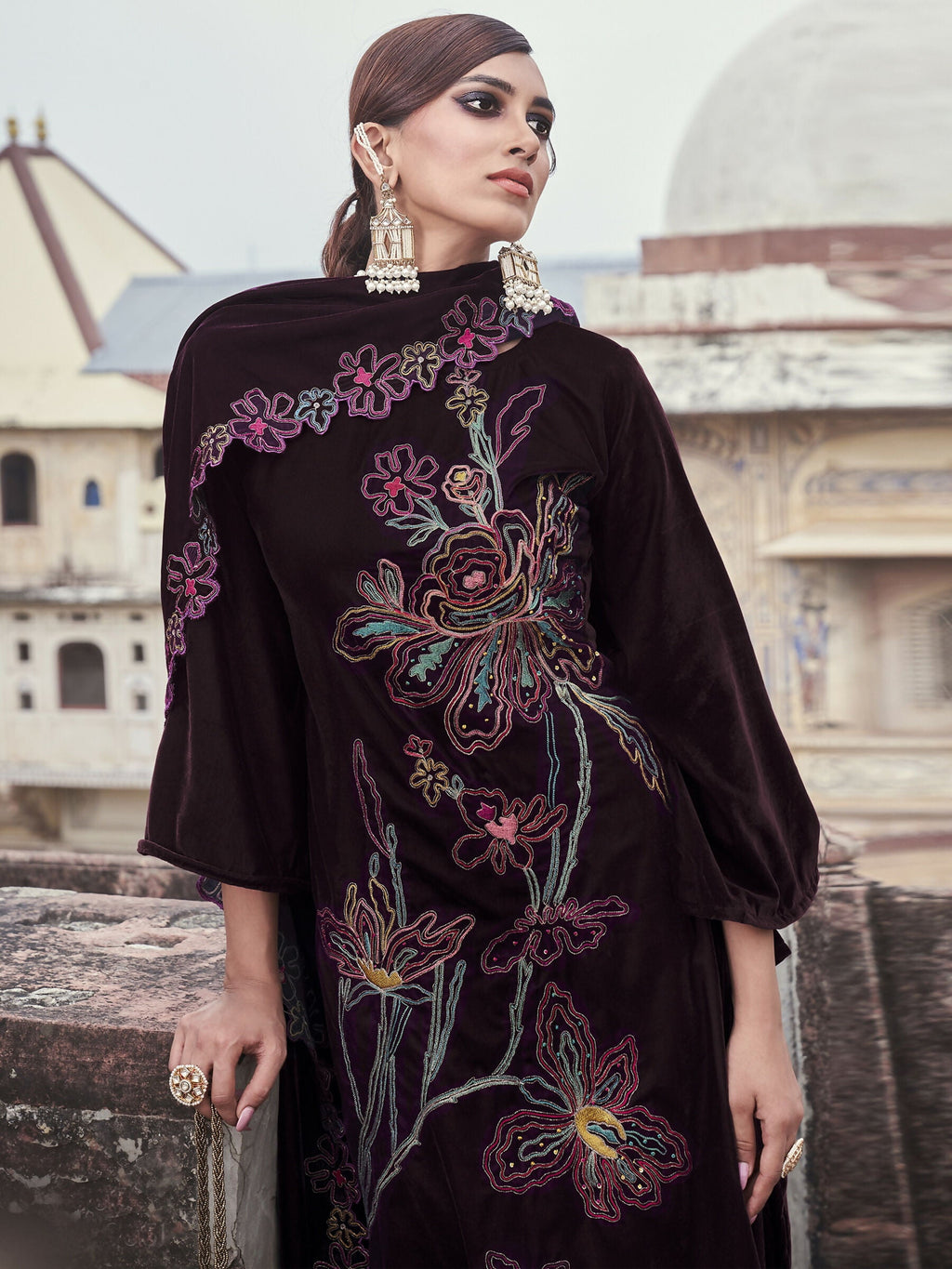 Wine Velvet Straight Kurta Set with Resham Thread, Jari and Sequins