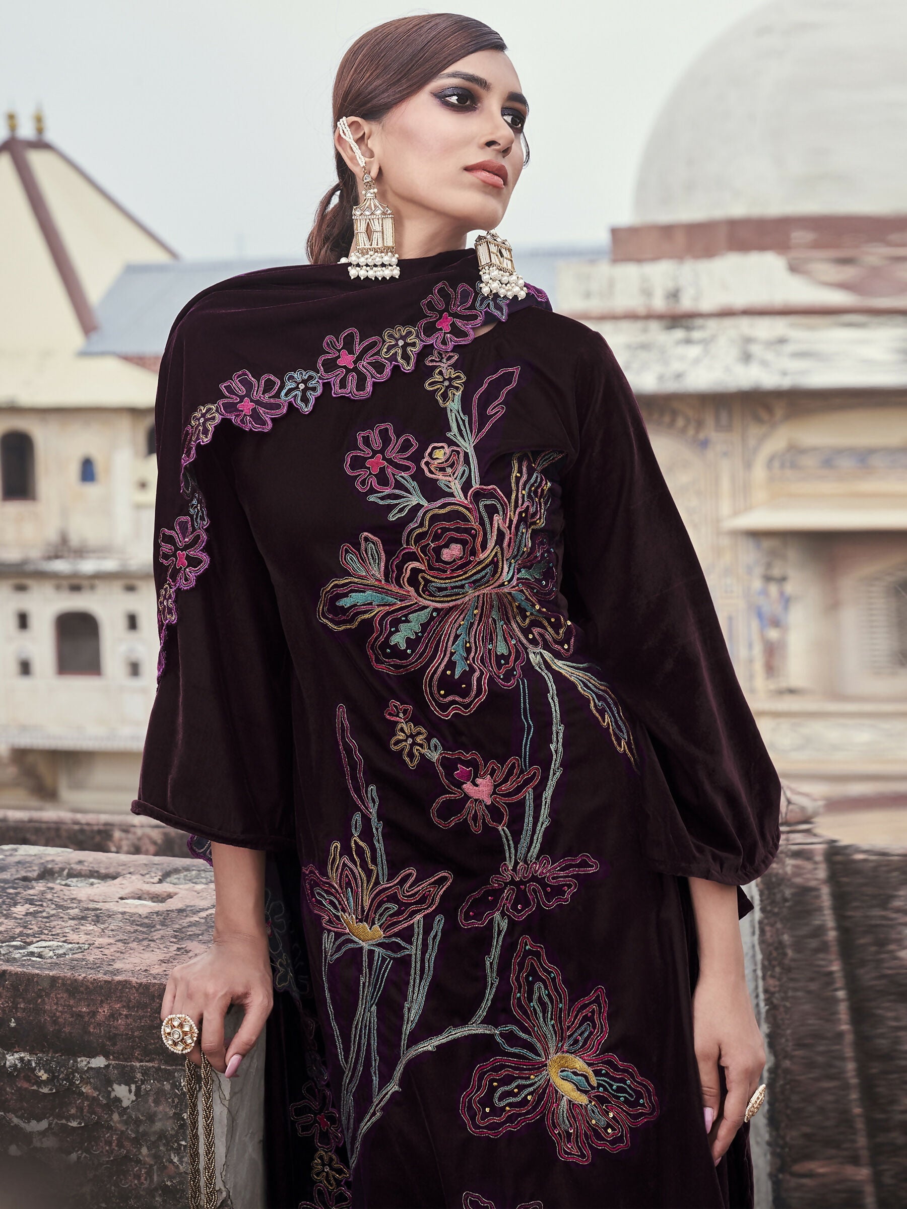 Wine Velvet Straight Kurta Set with Resham Thread, Jari and Sequins