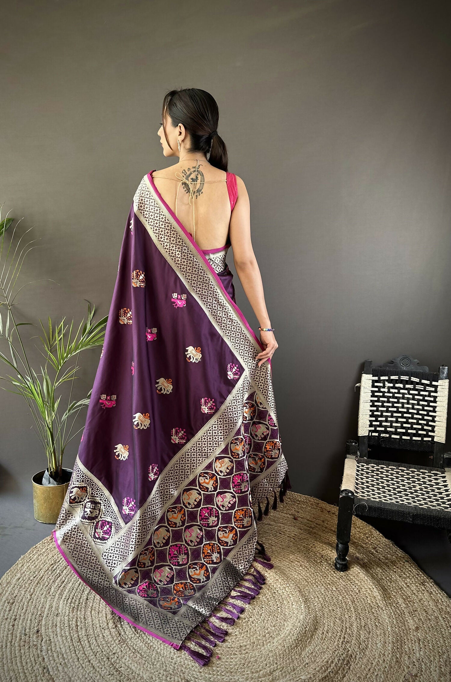 Wine Elephant & Floral Motif Soft Lichi Silk Banarasi Saree