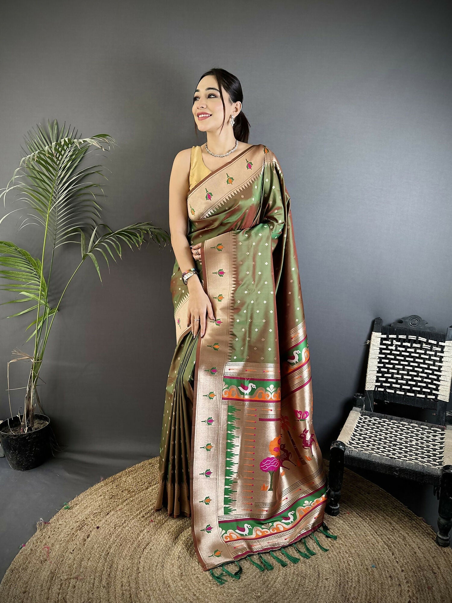 Mehendi Green soft Lichi silk Kanchipuram saree with gold peacock and floral motifs