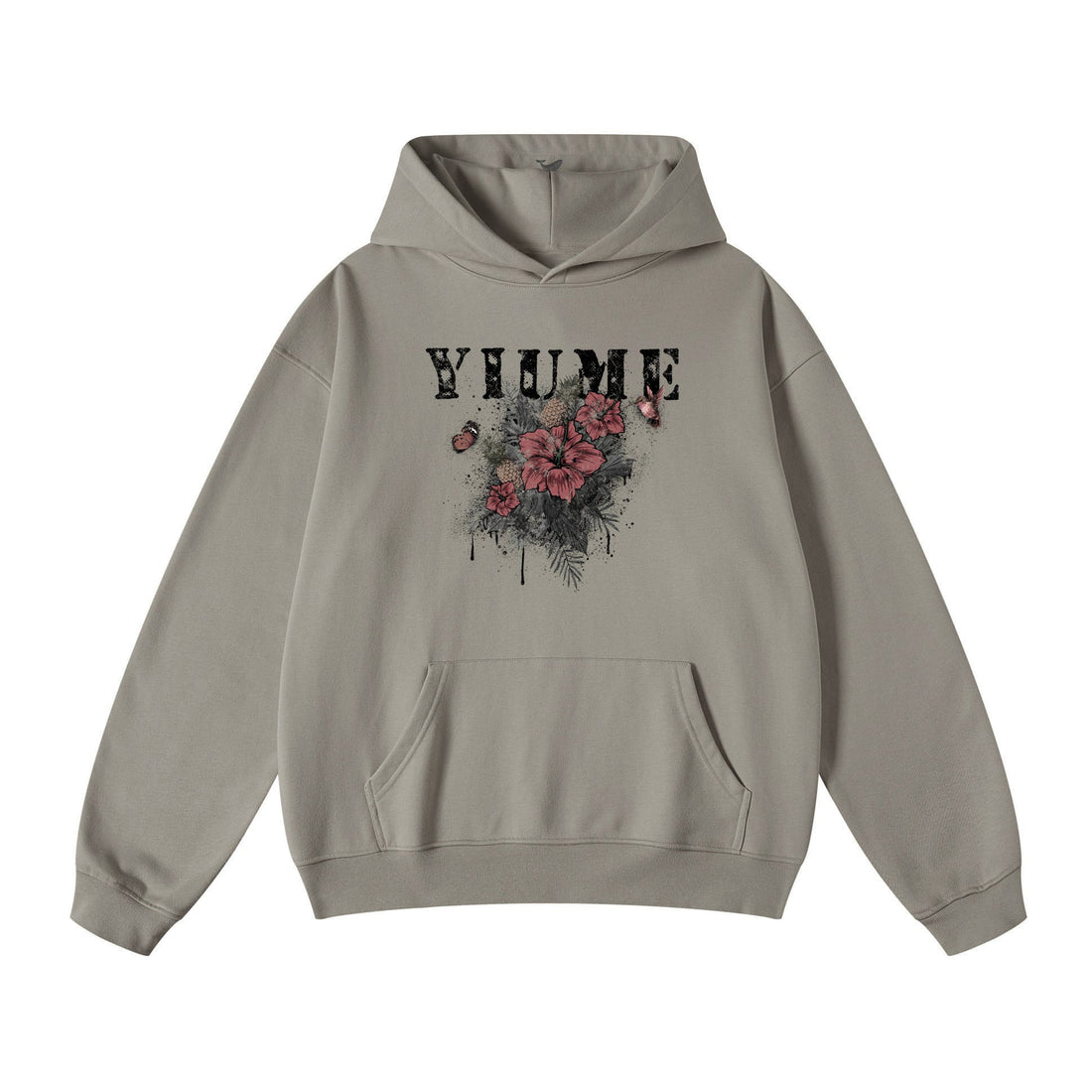 Men wearing a hibiscus blossom print knit hoodie in grey, red, and black colorways