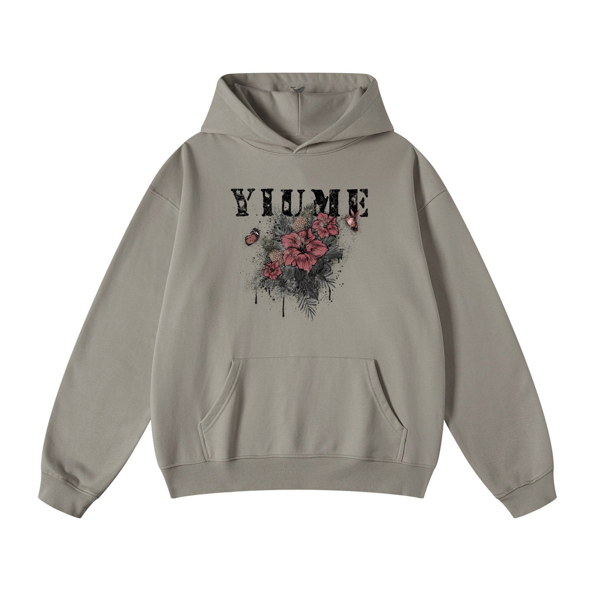 Men wearing a hibiscus blossom print knit hoodie in grey, red, and black colorways