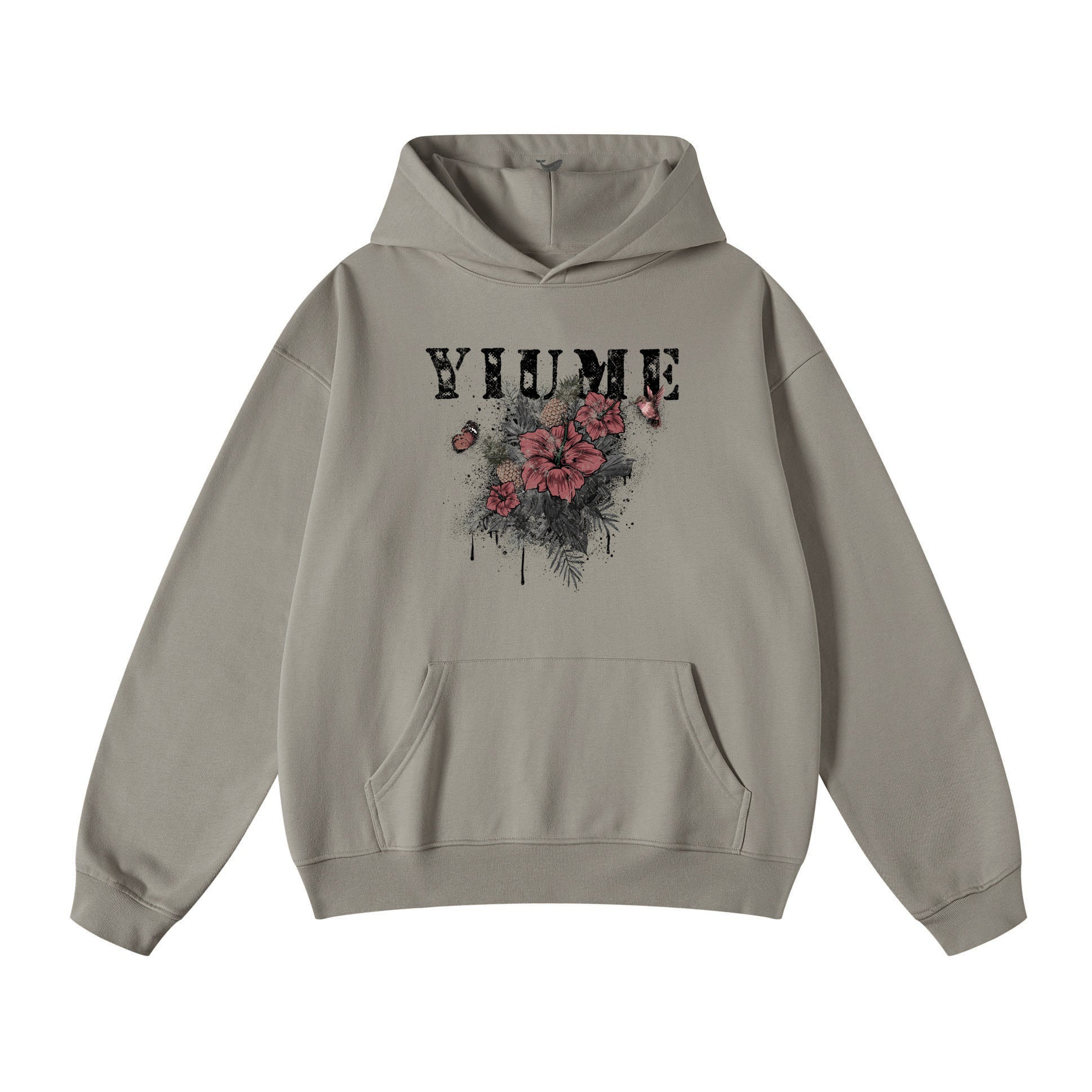 Men wearing a hibiscus blossom print knit hoodie in grey, red, and black colorways