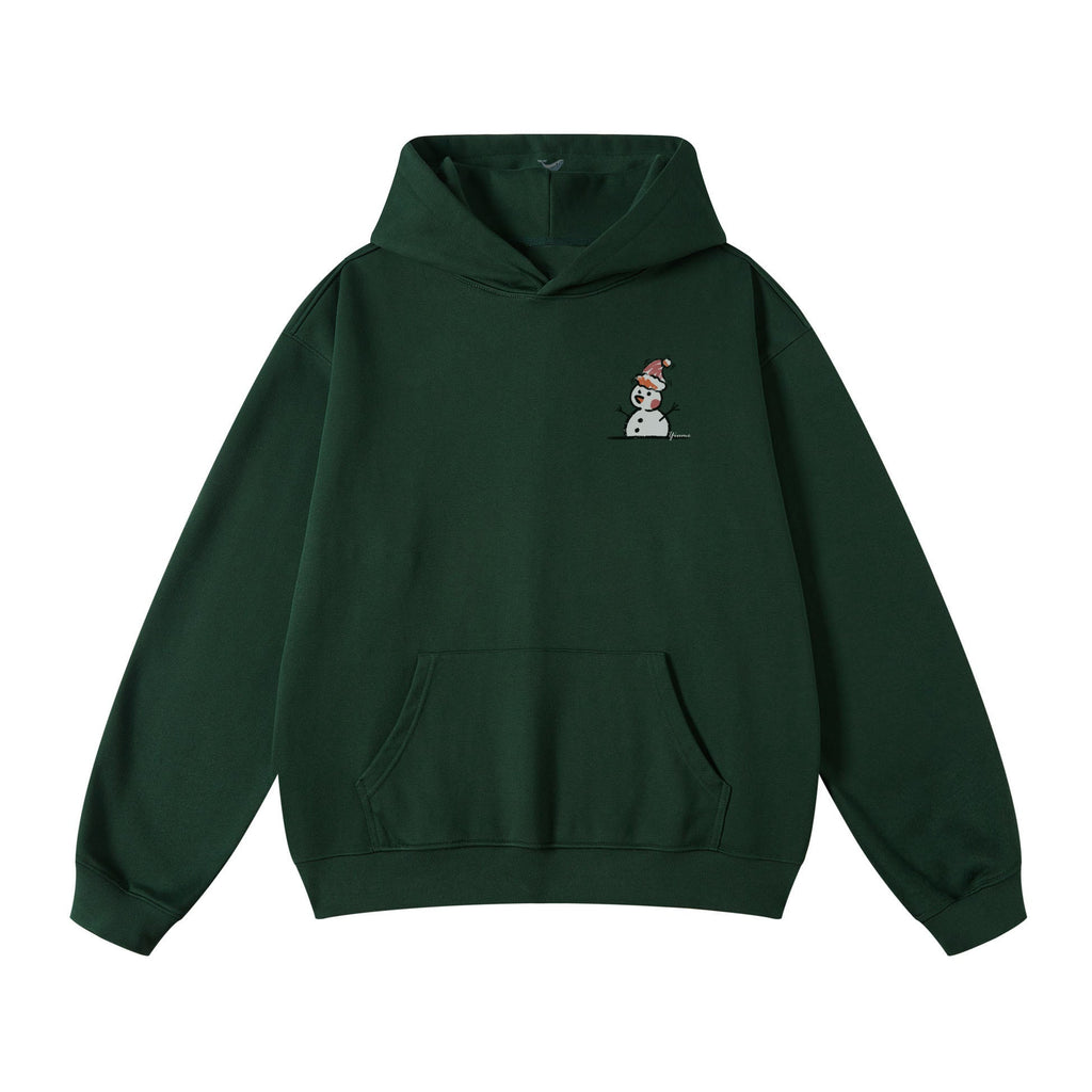 Dark green festive hoodie with snowman print for men.