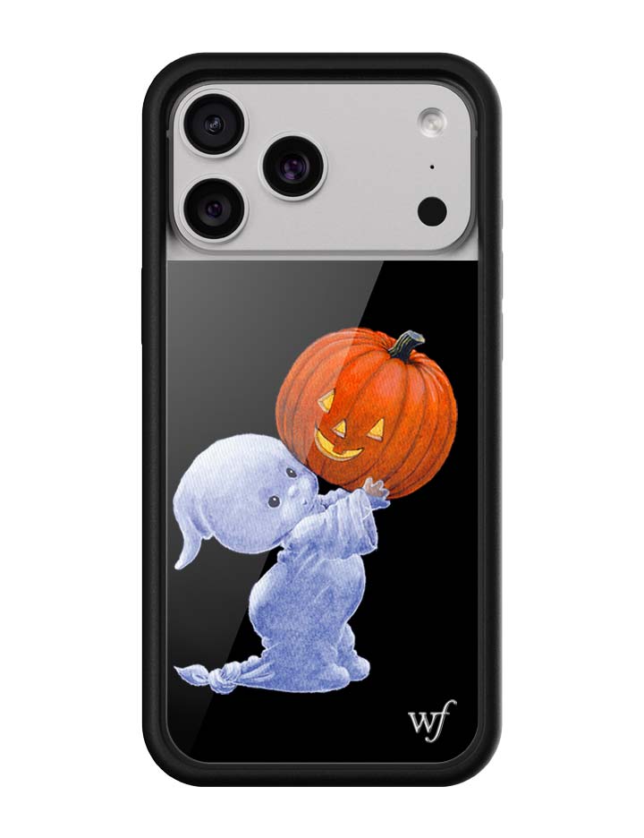 Boo iPhone case featuring a cute blue ghost holding a bright orange pumpkin on a black background