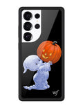 Black Samsung Galaxy phone case featuring a white ghost holding an orange pumpkin