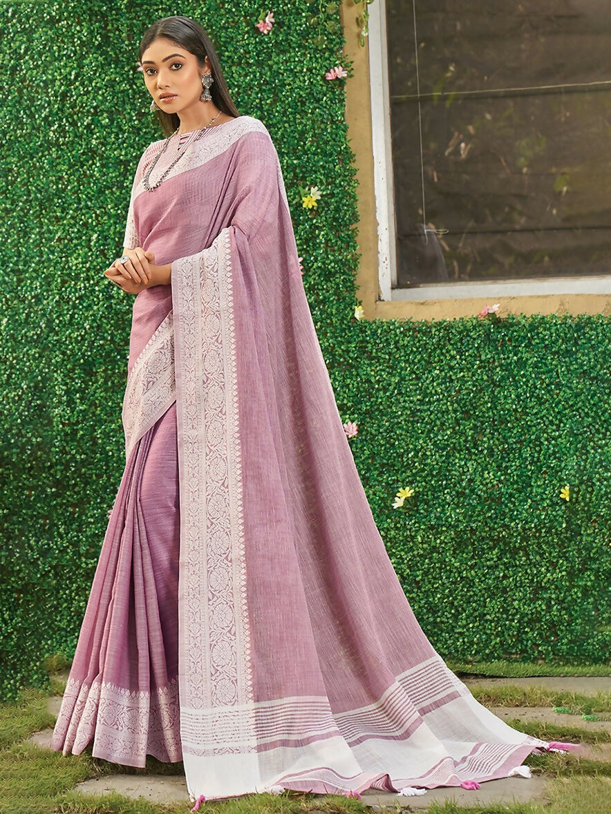 Onion pink linen saree with matching blouse fabric