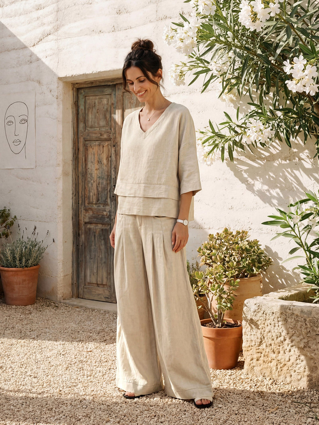 100% Linen Sculpted Pleat Pants with Elasticated Back