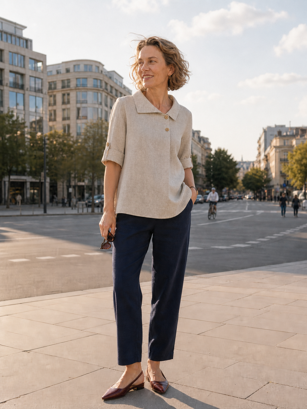 100% Linen Asymmetric Button Placket Shirt CLARISSA