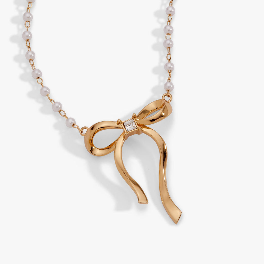 Bow Pearl Coquette Necklace with Crystal Centerpiece
