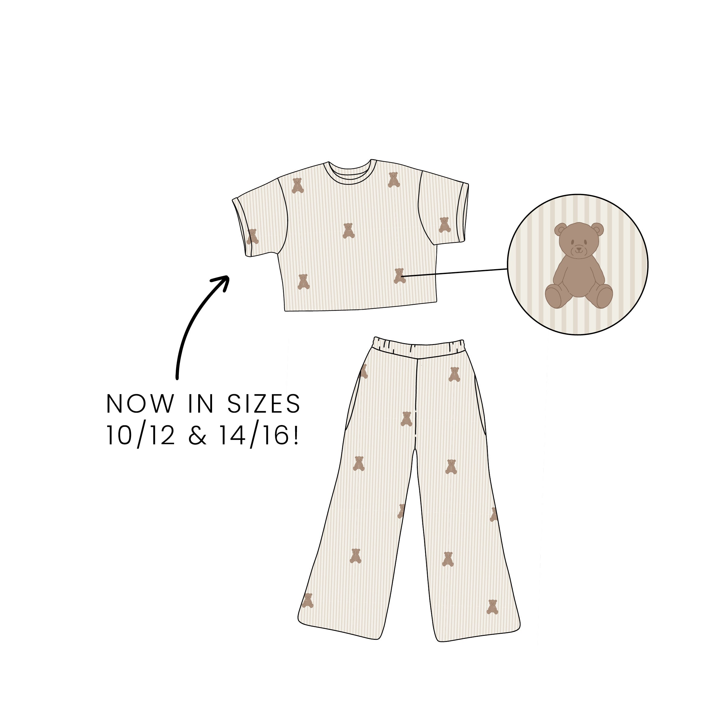 Kids bamboo lounge set with short-sleeve boxy top and wide-leg pants featuring a teddy bear print on a striped background