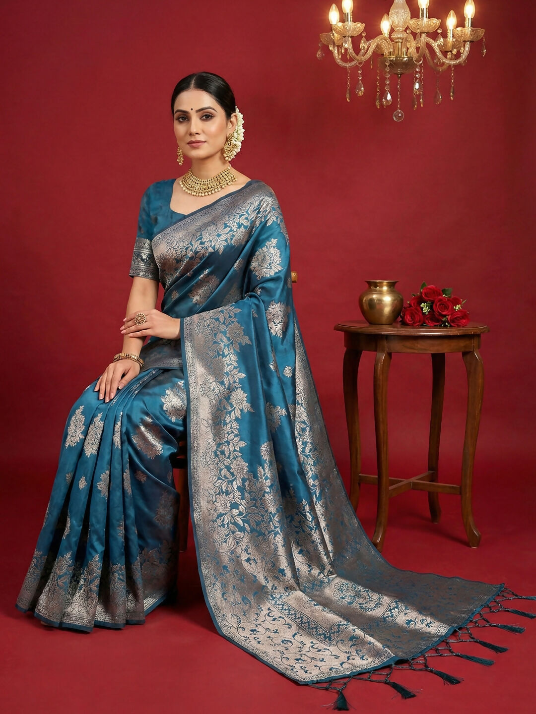 Teal Blue Silk Blend Saree with Matching Blouse