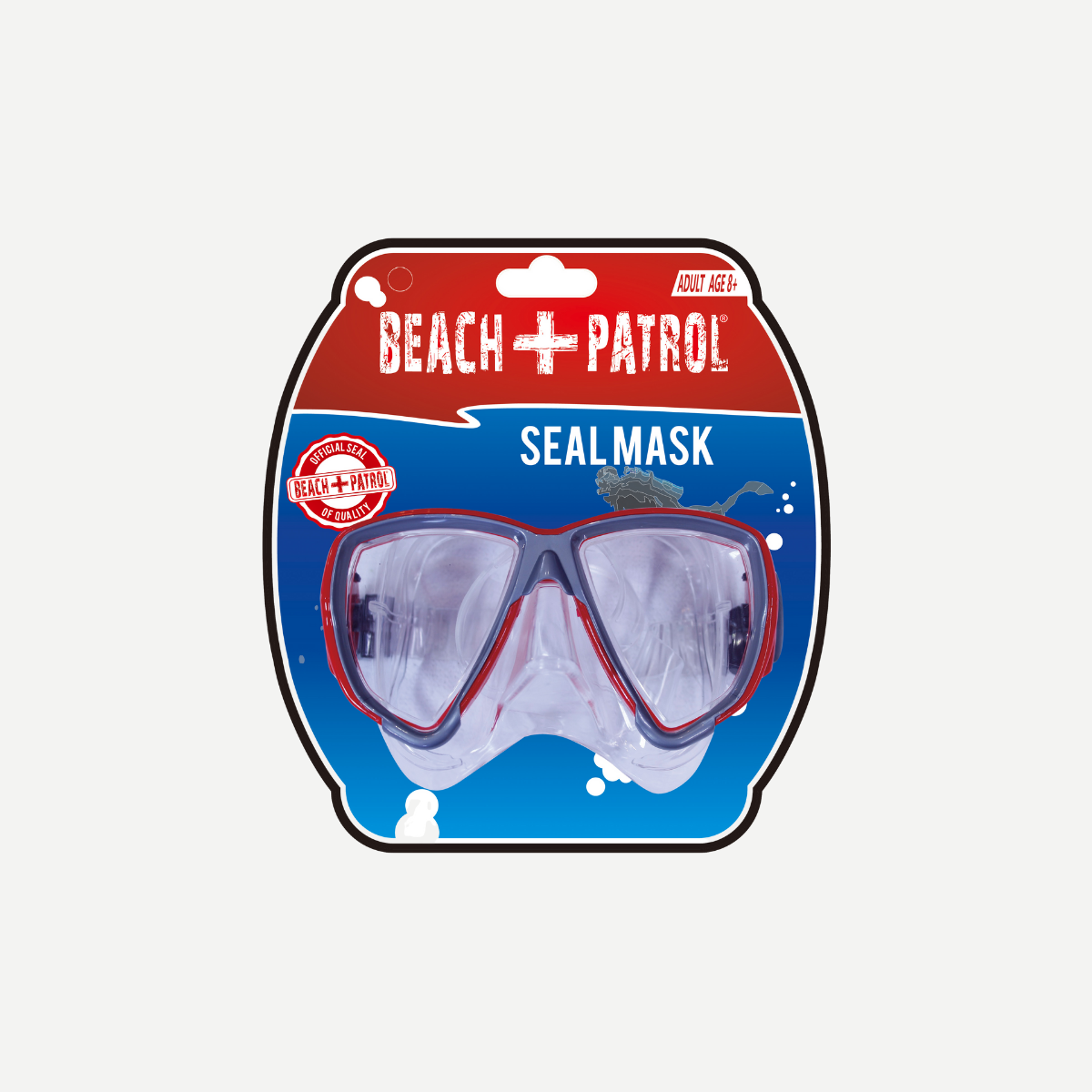 Beach Patrol Seal Mask in blue and red packaging