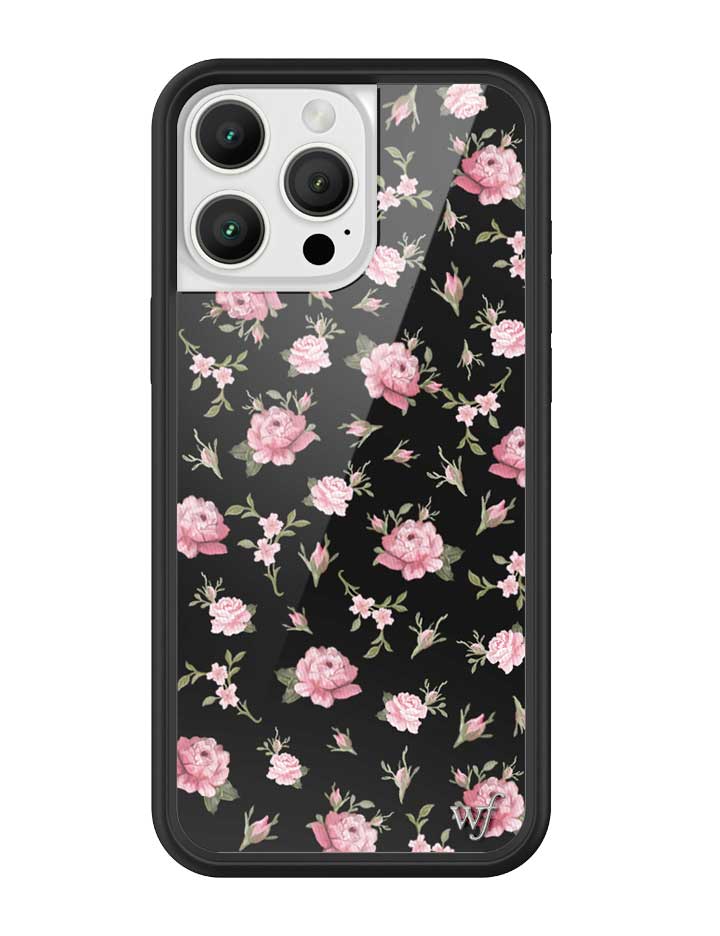 Black iPhone case featuring a pink floral rose print with a black rubber protective bumper