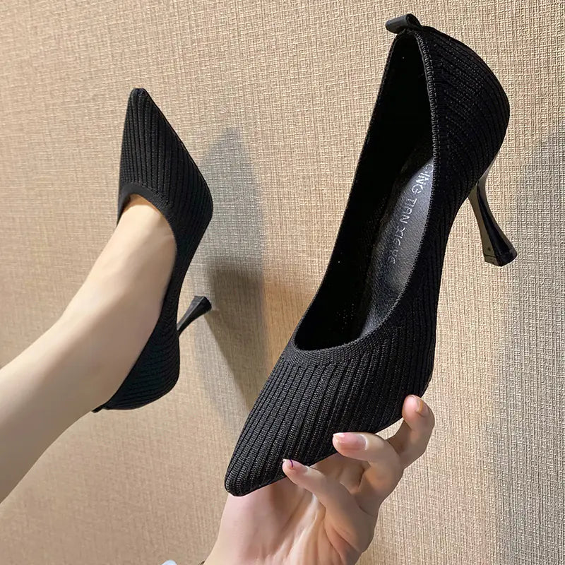Women's Pointed Toe Knitted Heels in Beige and Black - Image 20