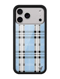 Blue plaid patterned iPhone case with a black rubber bumper and silver Wildflower emblem.