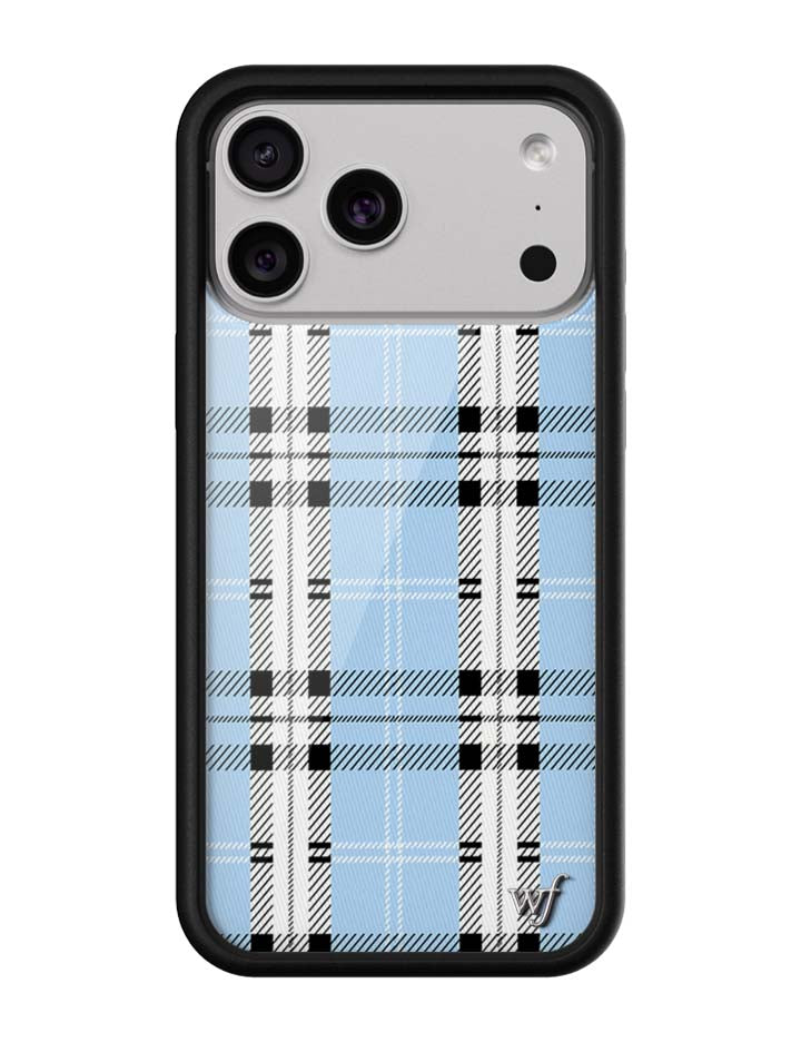 Blue plaid patterned iPhone case with a black rubber bumper and silver Wildflower emblem.