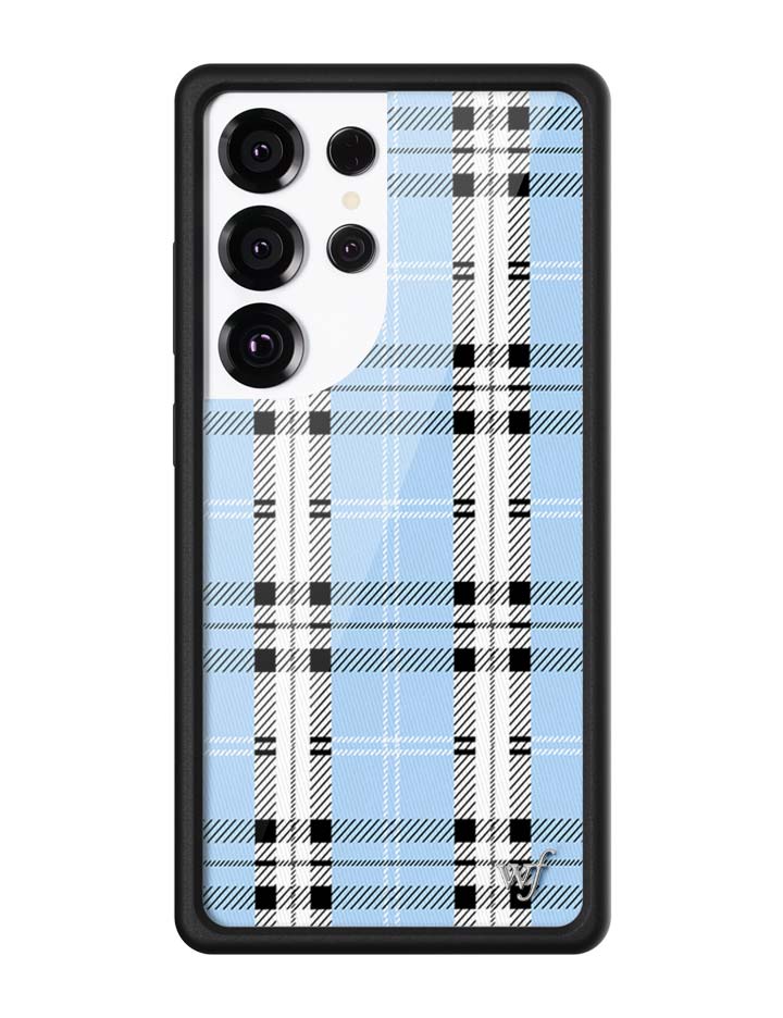 Blue and black plaid Samsung Galaxy phone case with a black rubber bumper and silver WF logo emblem.