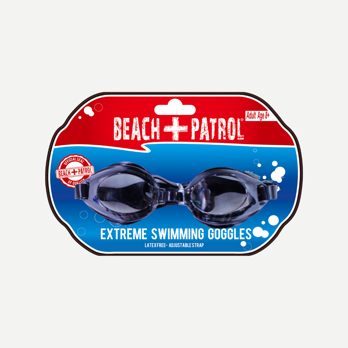 Close-up of Beach Patrol Extreme Swimming Goggles in original packaging featuring an adjustable strap and latex-free design.