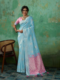 Sky blue linen cotton saree with a refreshing and breathable feel