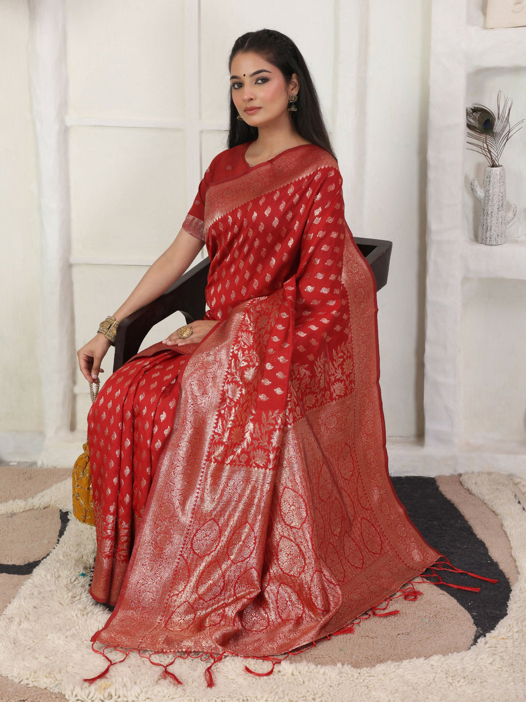 Classic Red Lichi Silk Saree with Matching Blouse Piece