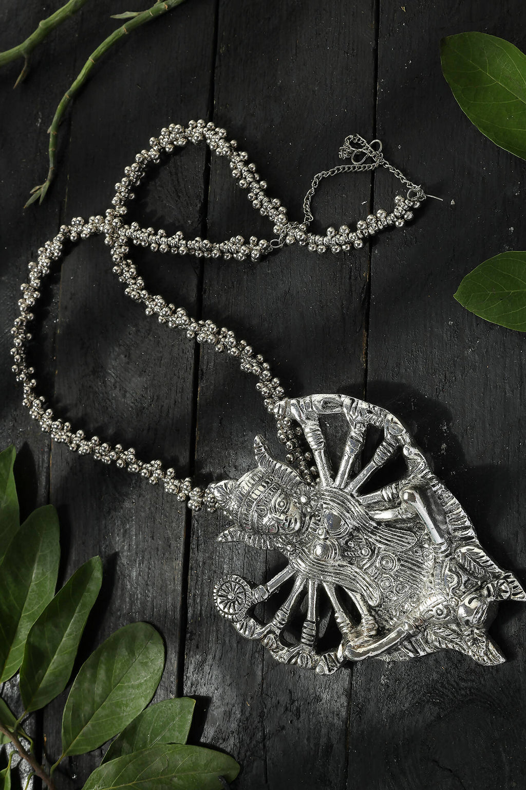 Kaali Mata long necklace in oxidised silver-plated brass finish