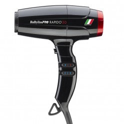 Professional Rapido 2.0 hair dryer in glossy black with metallic red accents and Italian flag detail.