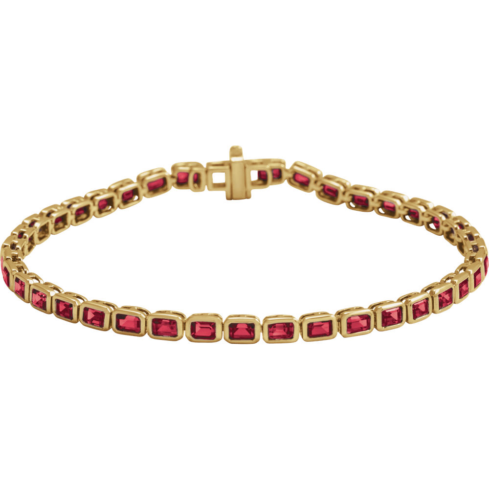 Close up of the Rouge Émeraude Ruby Line Bracelet featuring a seamless flow of lab-grown diamonds on a wrist.
