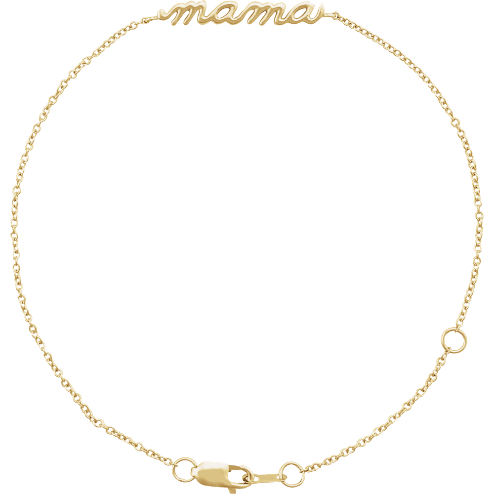 Polished gold Amour Mama script bracelet on a white background, minimalist jewelry style
